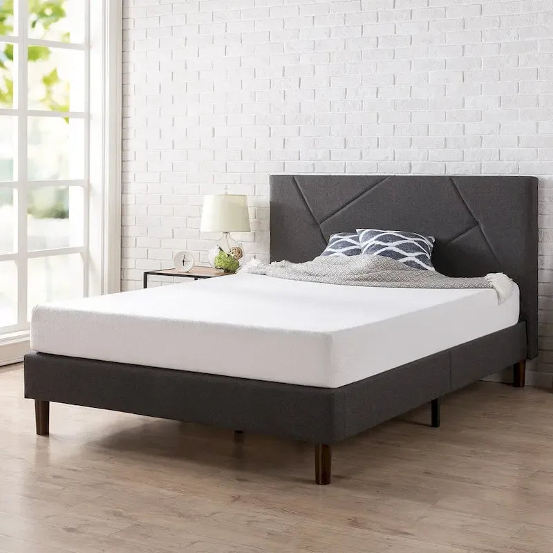 Grey Upholstered Geometric Platform Bed Frame