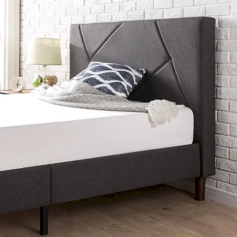 Grey Upholstered Geometric Platform Bed Frame