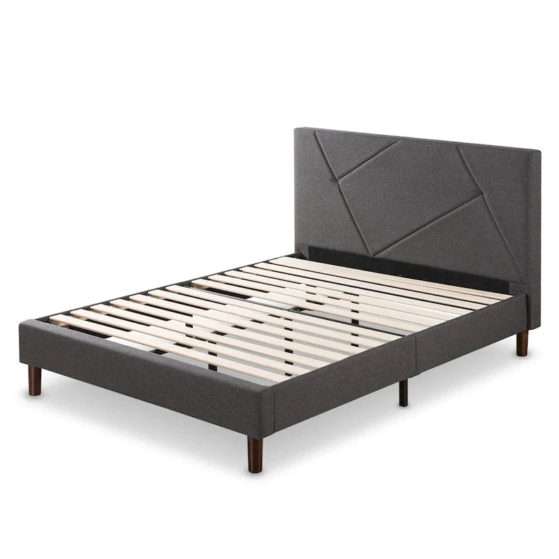 Grey Upholstered Geometric Platform Bed Frame