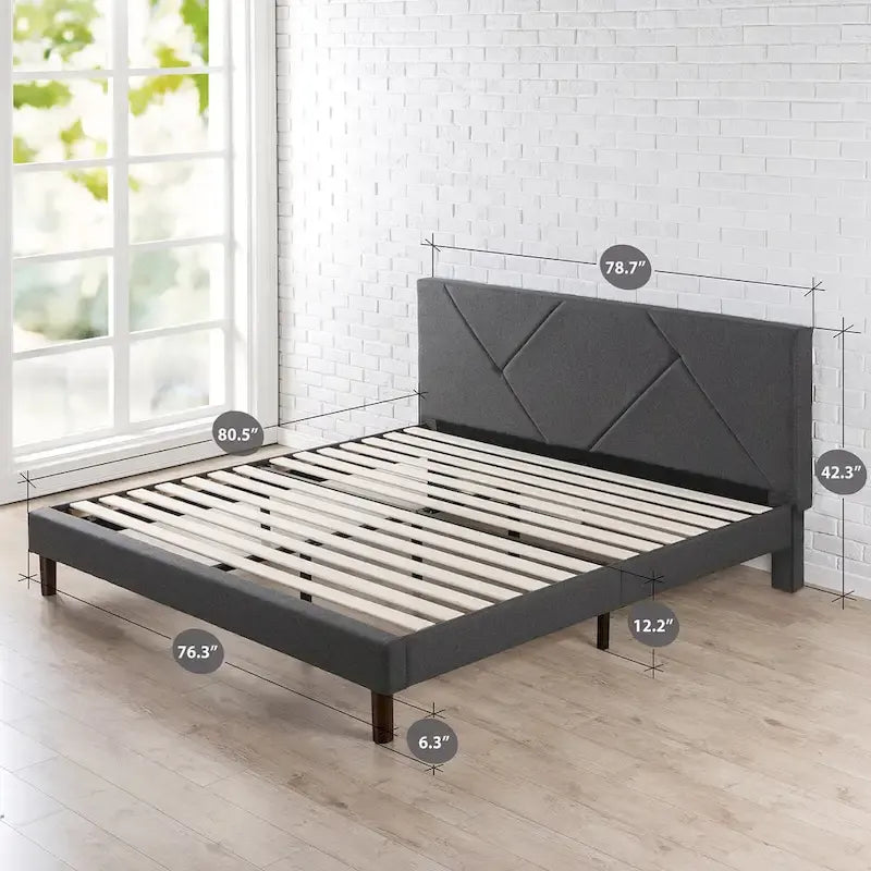 Grey Upholstered Geometric Platform Bed Frame