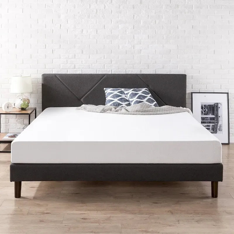 Grey Upholstered Geometric Platform Bed Frame