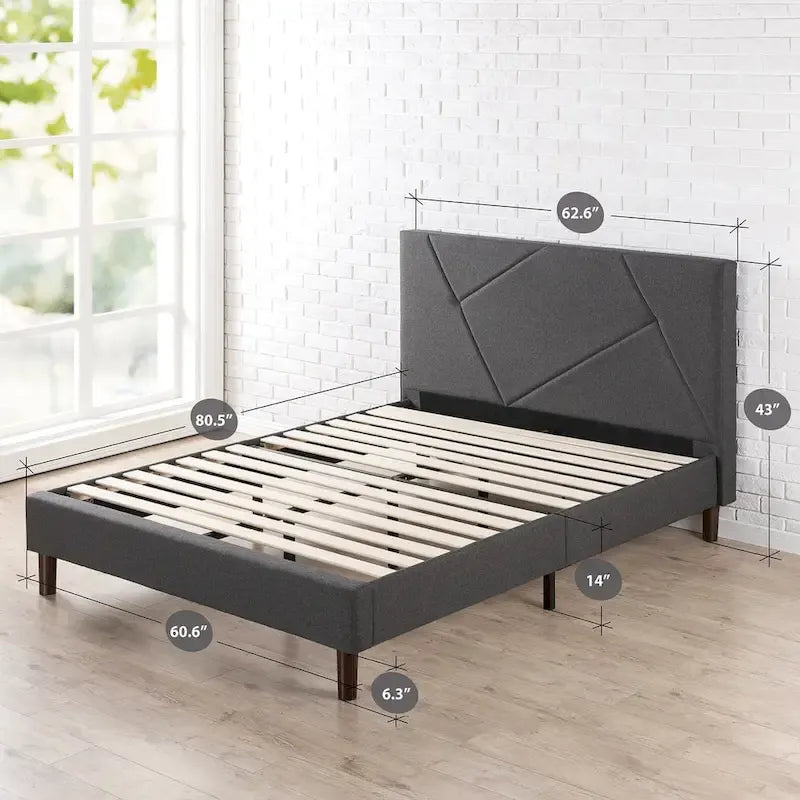 Grey Upholstered Geometric Platform Bed Frame