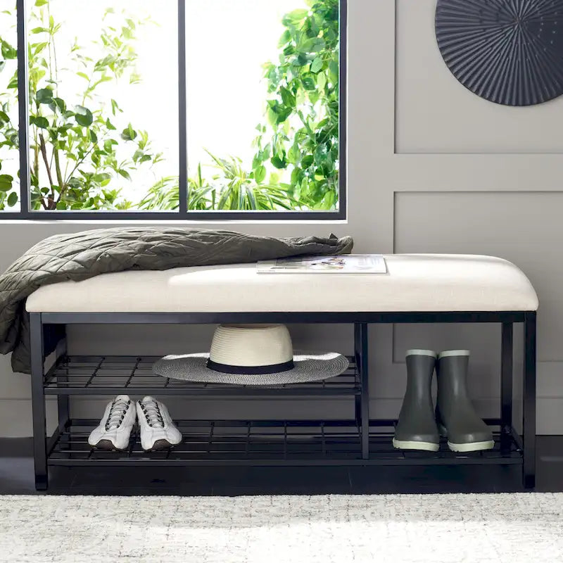 Open Shelf Entryway Bench with Padded Cushion and Metal Storage Rack