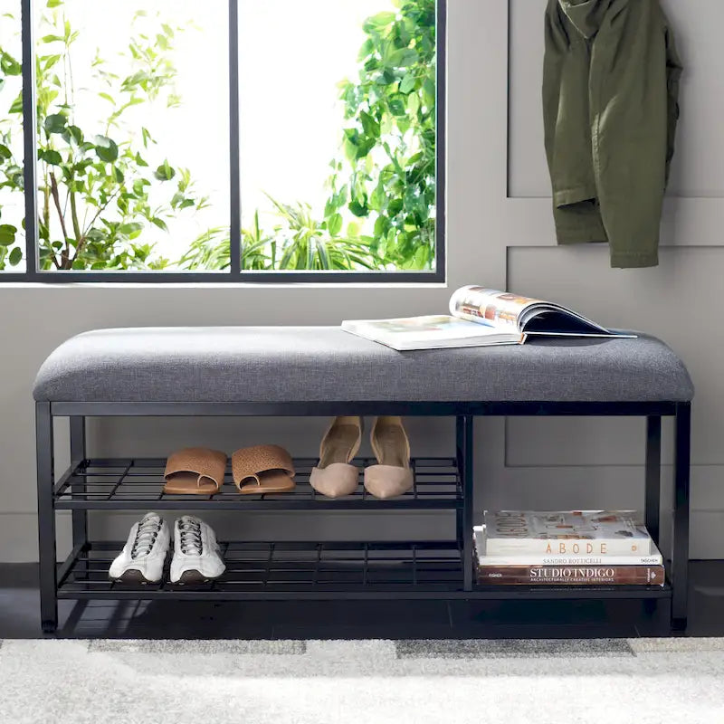 Open Shelf Entryway Bench with Padded Cushion and Metal Storage Rack