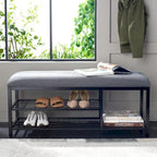 Open Shelf Entryway Bench with Padded Cushion and Metal Storage Rack