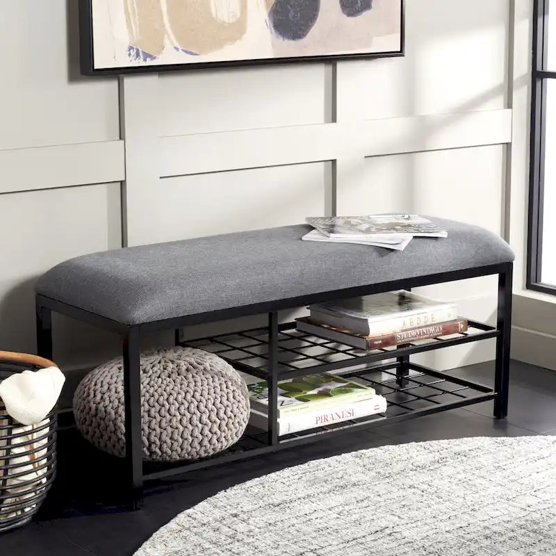 Open Shelf Entryway Bench with Padded Cushion and Metal Storage Rack