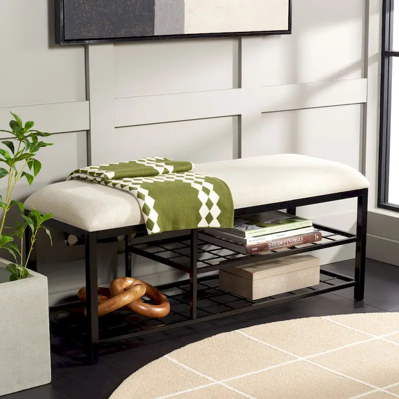 Open Shelf Entryway Bench with Padded Cushion and Metal Storage Rack
