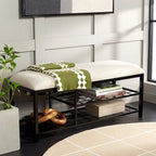 Open Shelf Entryway Bench with Padded Cushion and Metal Storage Rack