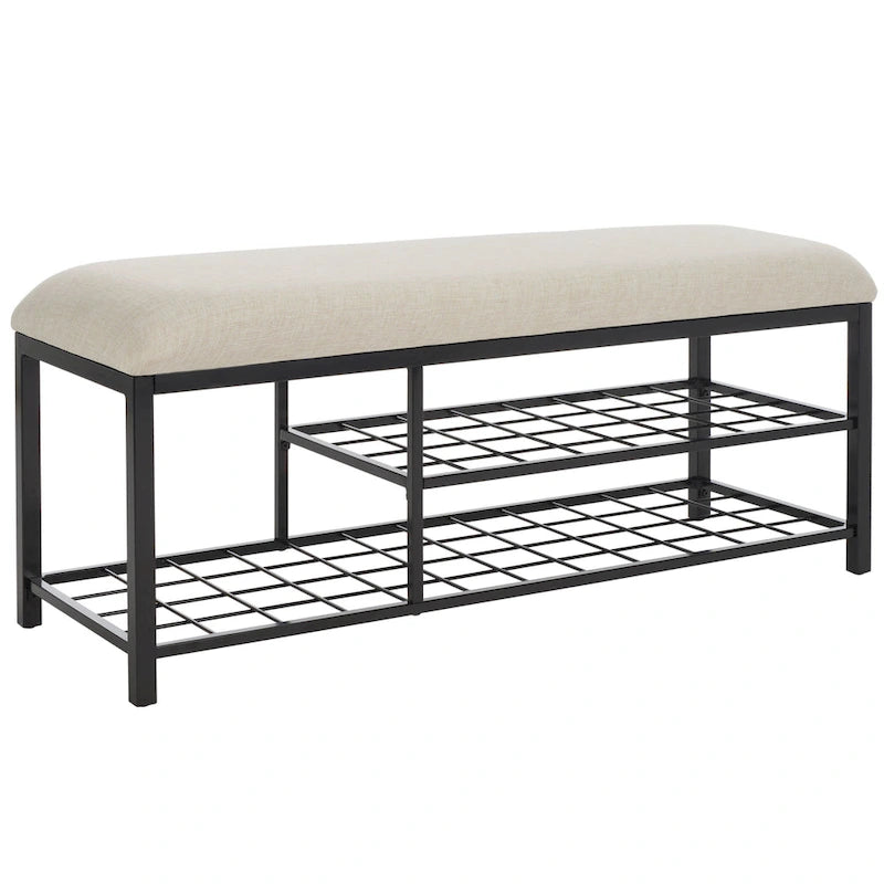 Open Shelf Entryway Bench with Padded Cushion and Metal Storage Rack