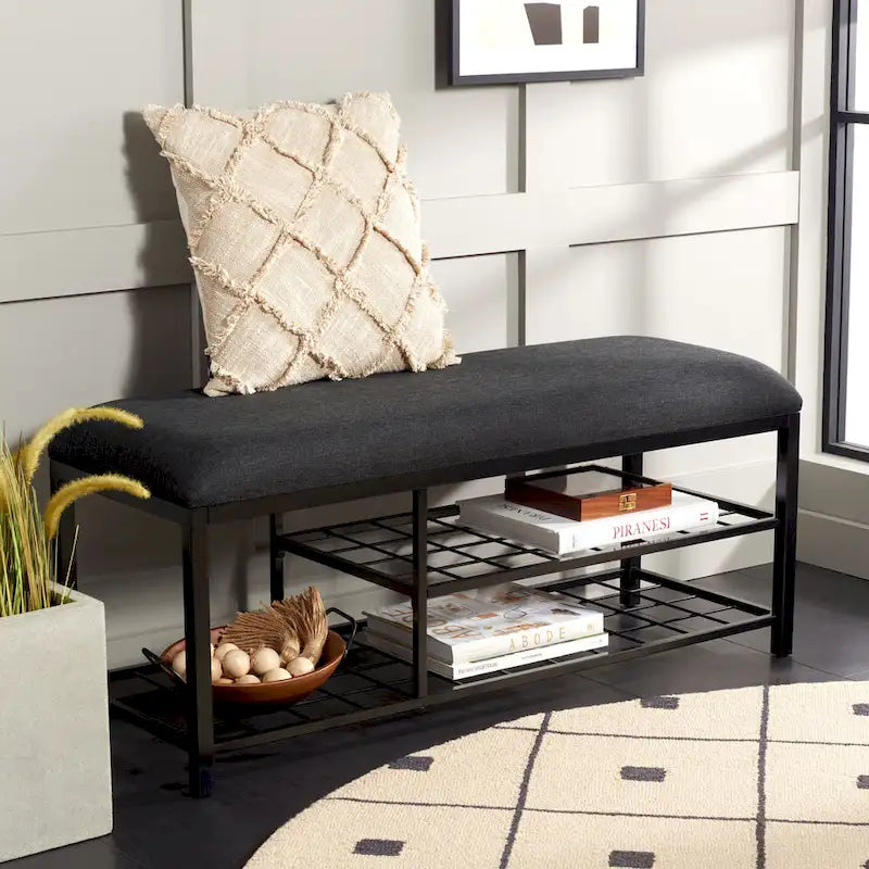 Open Shelf Entryway Bench with Padded Cushion and Metal Storage Rack