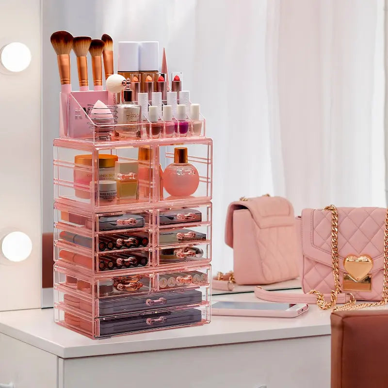  Cosmetic Makeup and Jewelry Storage Case with 12 Drawers and 16 Slots - 4-Piece Set