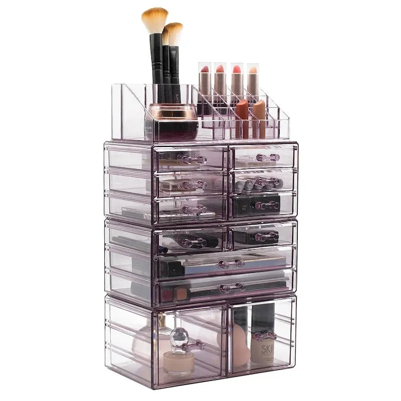 Cosmetic Makeup and Jewelry Storage Case with 12 Drawers and 16 Slots - 4-Piece Set