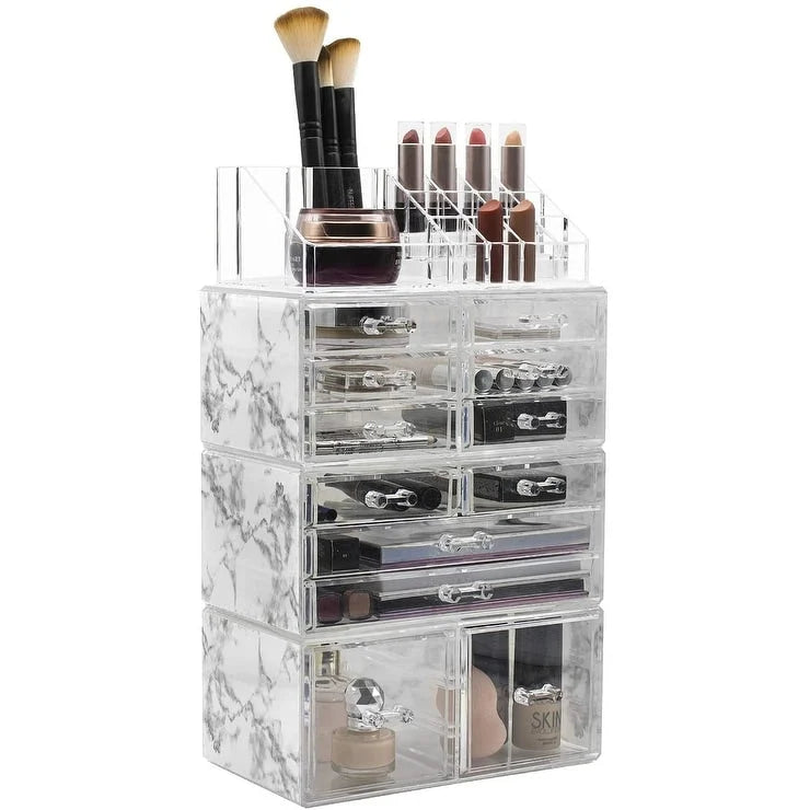Cosmetic Makeup and Jewelry Storage Case with 12 Drawers and 16 Slots - 4-Piece Set