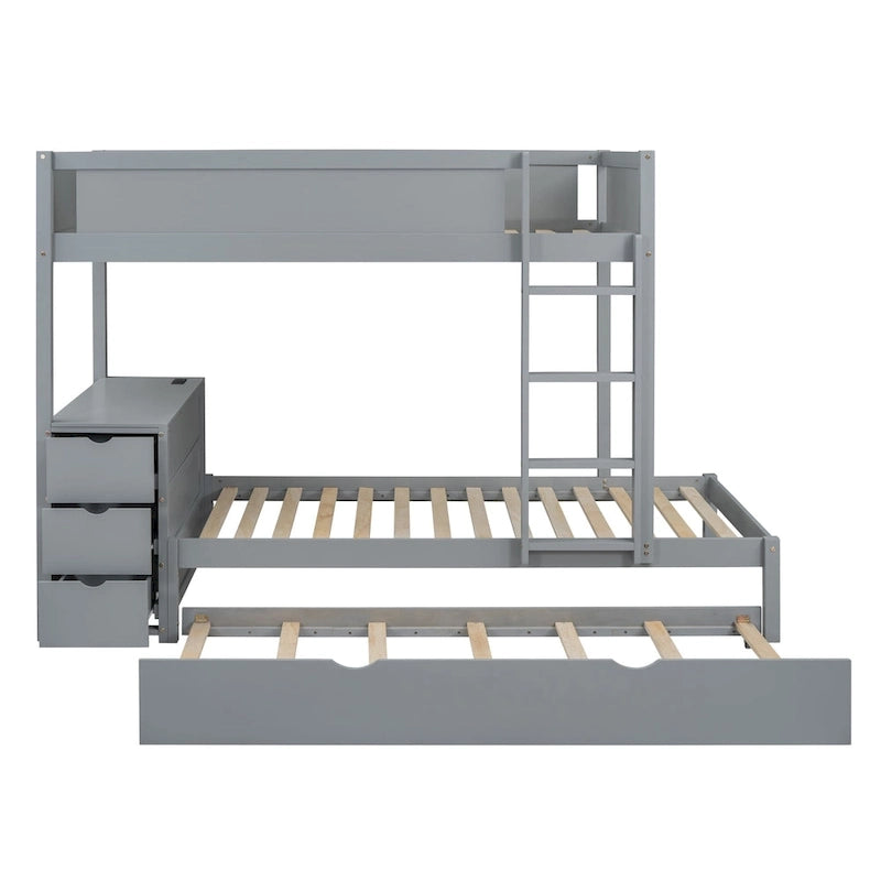 Twin-Over-Twin Bunk Bed with Twin size Trundle, Storage and Desk, Gray