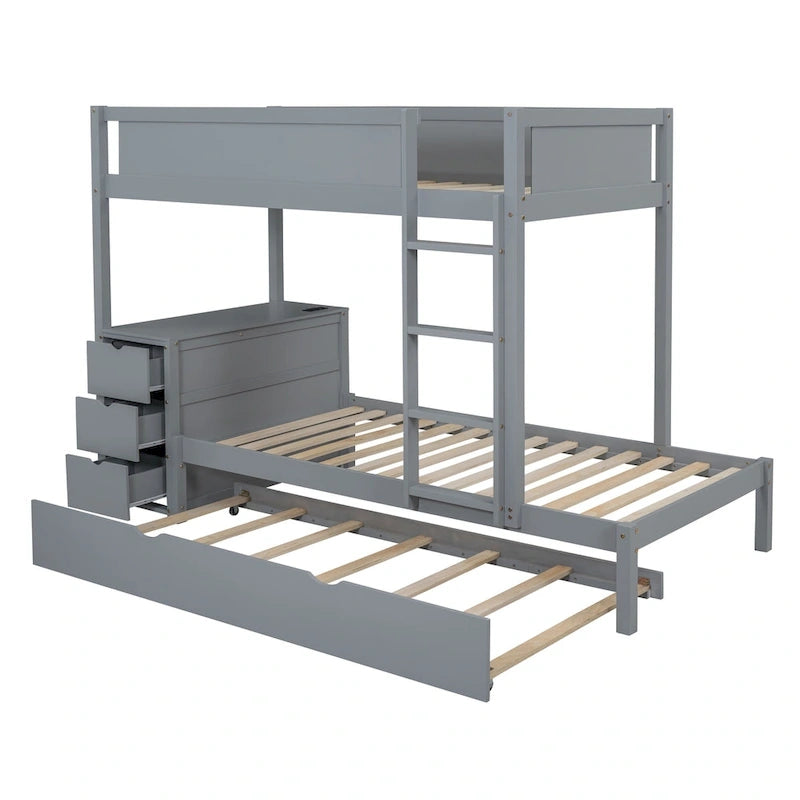 Twin-Over-Twin Bunk Bed with Twin size Trundle, Storage and Desk, Gray