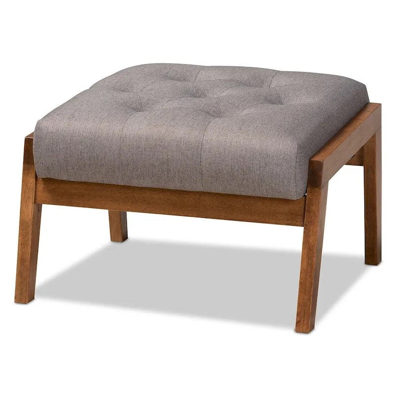 Mid-Century Modern Button Tufted Grey Fabric Upholstered Footstool Ottoman