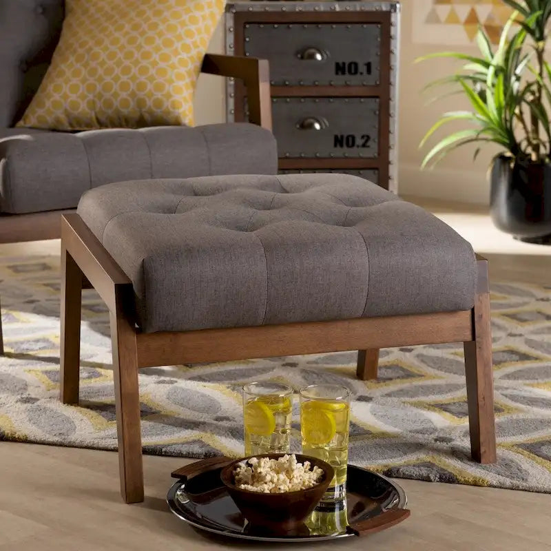 Mid-Century Modern Button Tufted Grey Fabric Upholstered Footstool Ottoman
