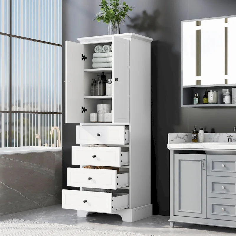 Mobile contenitore alto da bagno nero con doppia anta e quattro cassetti