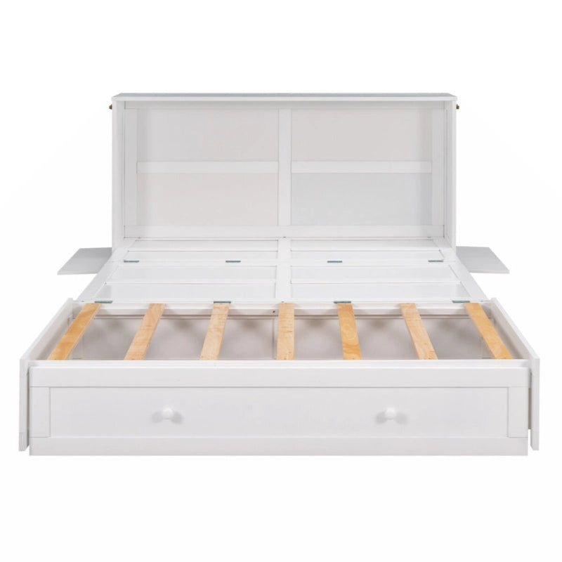 Queen Size Mobile Murphy Bed with Drawer and Little Shelves on Each Side,White