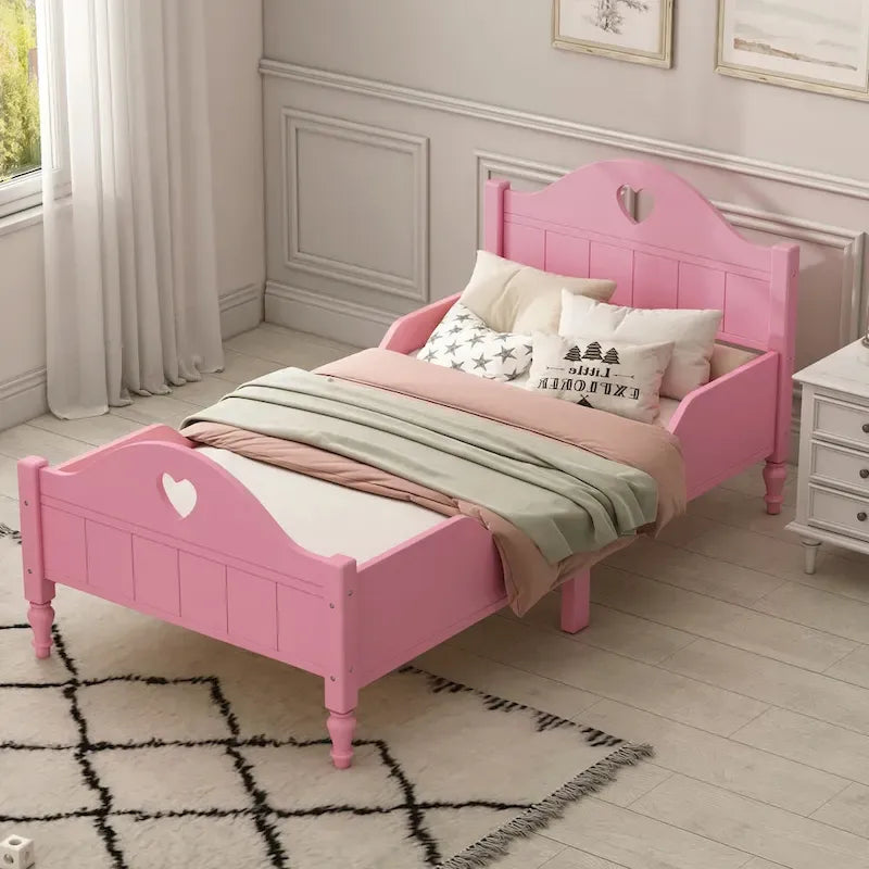 Macaron Twin Size Toddler Bed with Side Safety Rails and Headboard and Footboard