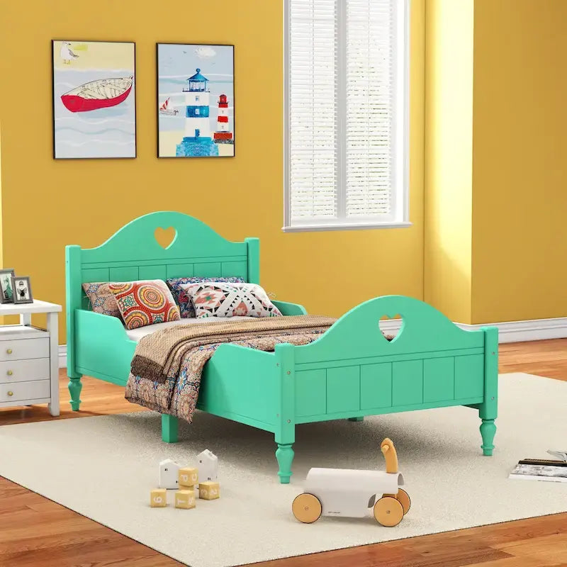 Macaron Twin Size Toddler Bed with Side Safety Rails and Headboard and Footboard