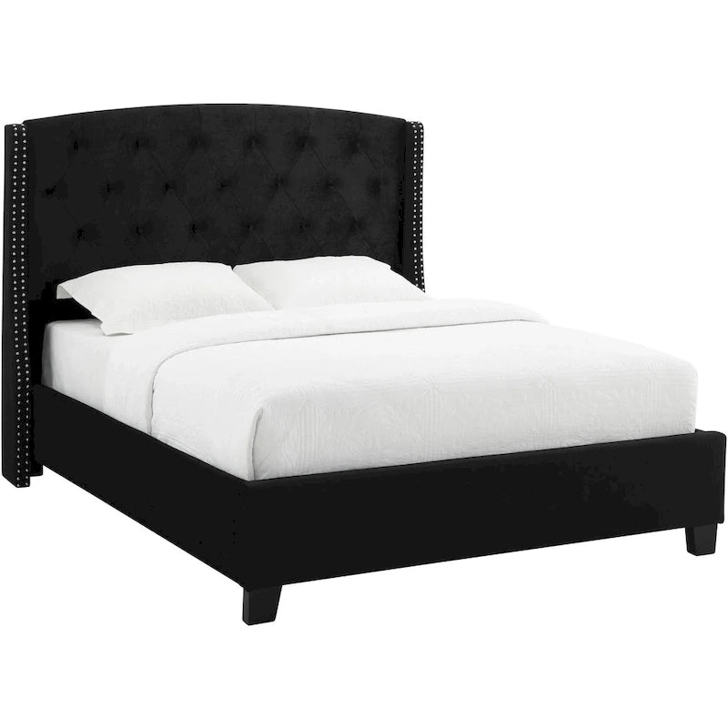 Queen Size Bed, Low Profile, Black Button Tufted Upholstered Headboard