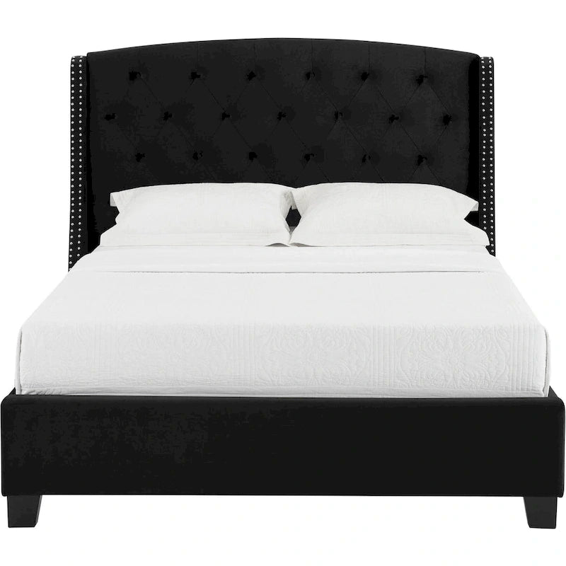 Queen Size Bed, Low Profile, Black Button Tufted Upholstered Headboard
