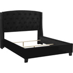 Queen Size Bed, Low Profile, Black Button Tufted Upholstered Headboard