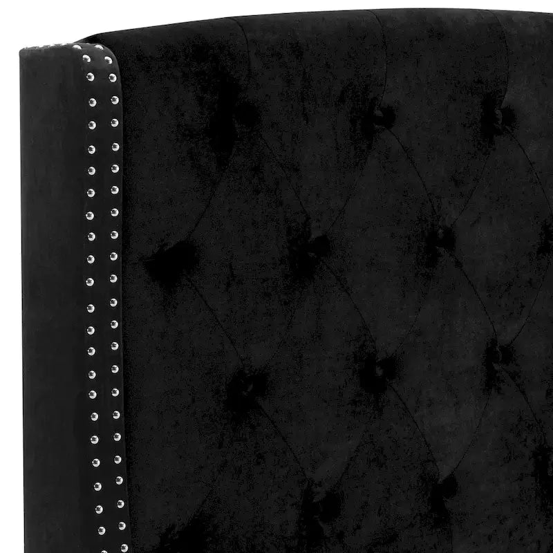 Queen Size Bed, Low Profile, Black Button Tufted Upholstered Headboard