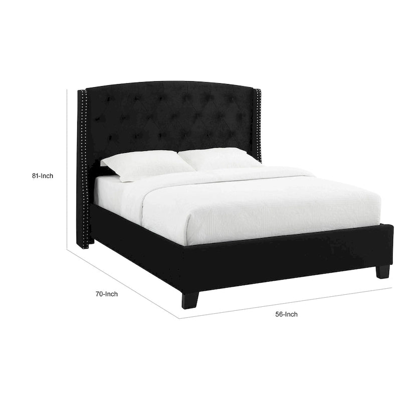 Queen Size Bed, Low Profile, Black Button Tufted Upholstered Headboard