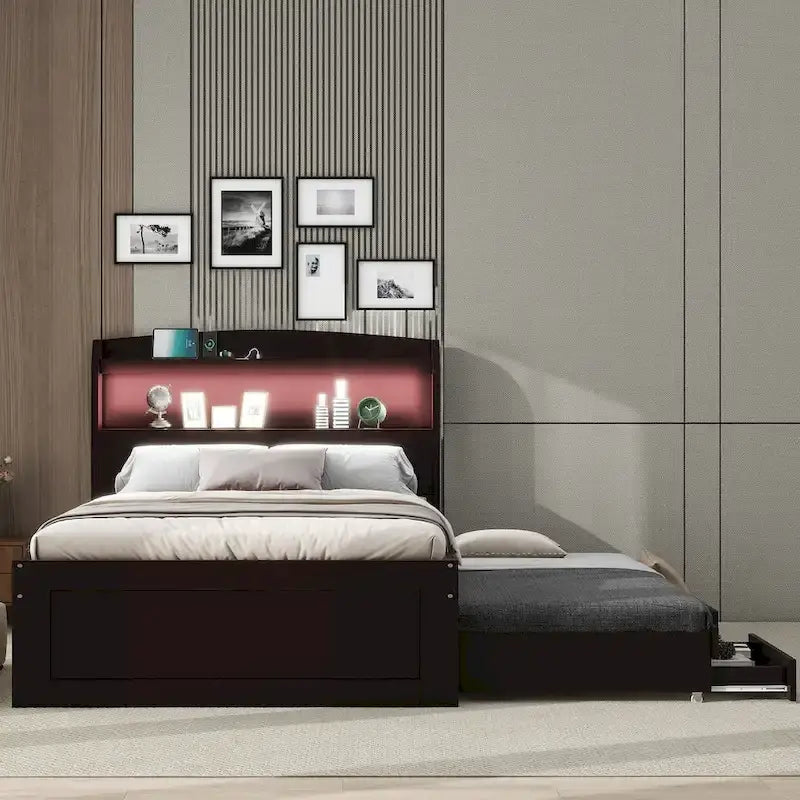 Twin XL Size Platform Bed with Storage LED Headboard, Charging Station, Twin Size Trundle and 2 Drawers
