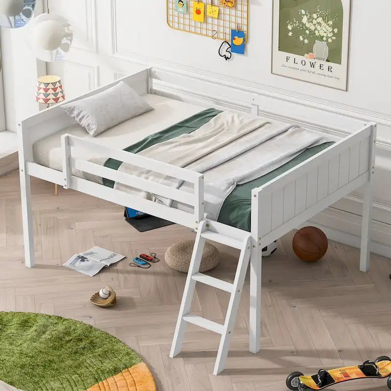 Full Size Wood Low Loft Bed with Ladder