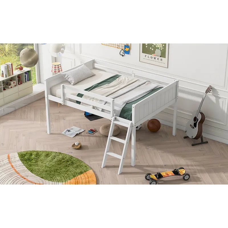 Full Size Wood Low Loft Bed with Ladder