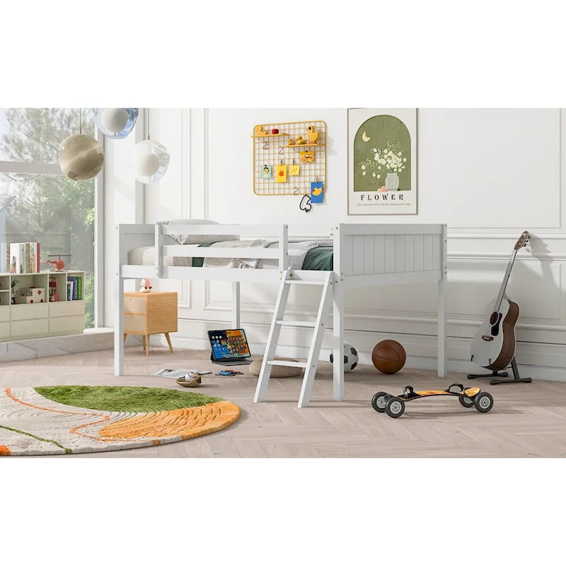 Full Size Wood Low Loft Bed with Ladder