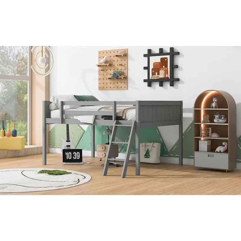 Full Size Wood Low Loft Bed with Ladder