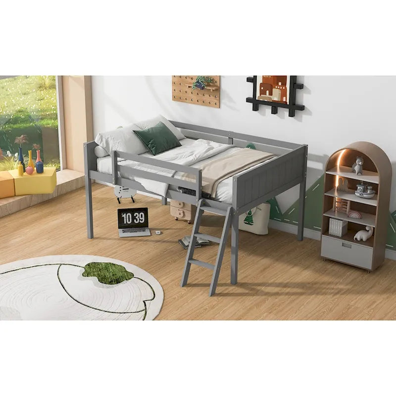 Full Size Wood Low Loft Bed with Ladder