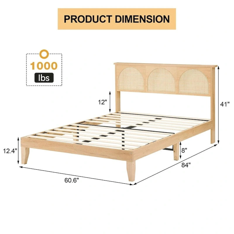 Bed Frame with Natural Rattan Headboard
