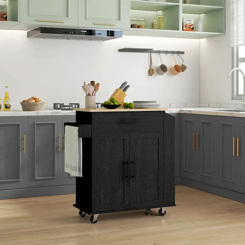 Rolling Kitchen Cart with Storage Drawer Cabinet AC Outlets USB Ports Black