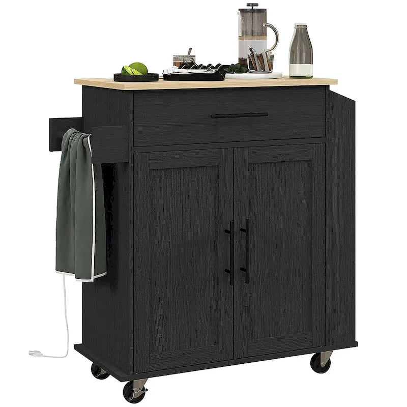 Rolling Kitchen Cart with Storage Drawer Cabinet AC Outlets USB Ports Black