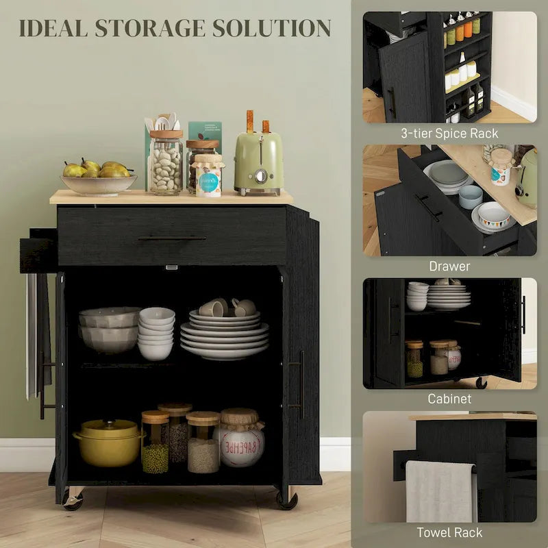 Rolling Kitchen Cart with Storage Drawer Cabinet AC Outlets USB Ports Black