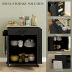 Rolling Kitchen Cart with Storage Drawer Cabinet AC Outlets USB Ports Black