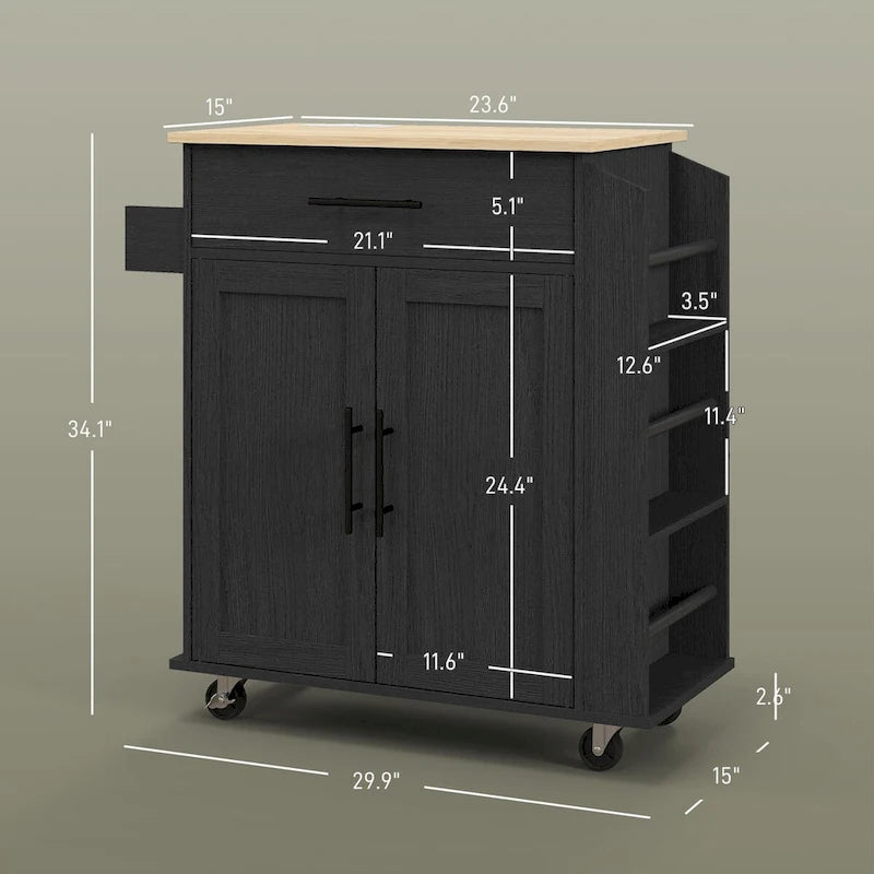 Rolling Kitchen Cart with Storage Drawer Cabinet AC Outlets USB Ports Black