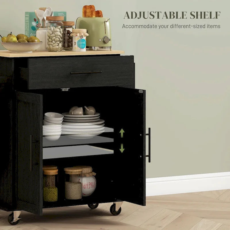 Rolling Kitchen Cart with Storage Drawer Cabinet AC Outlets USB Ports Black