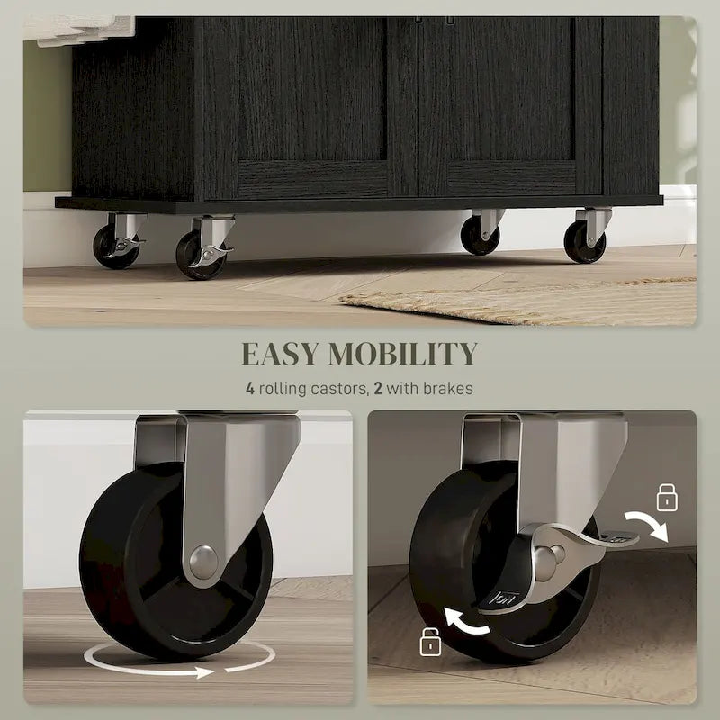 Rolling Kitchen Cart with Storage Drawer Cabinet AC Outlets USB Ports Black