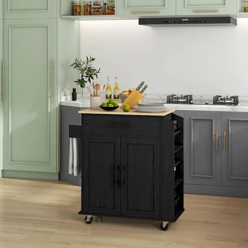 Rolling Kitchen Cart with Storage Drawer Cabinet AC Outlets USB Ports Black