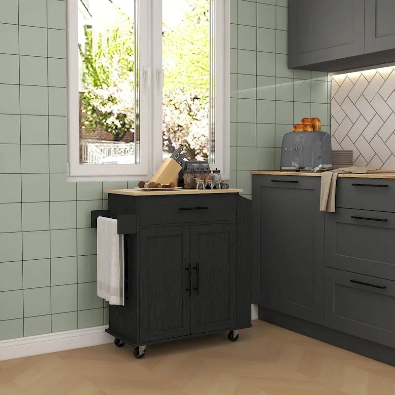 Rolling Kitchen Cart with Storage Drawer Cabinet AC Outlets USB Ports Black