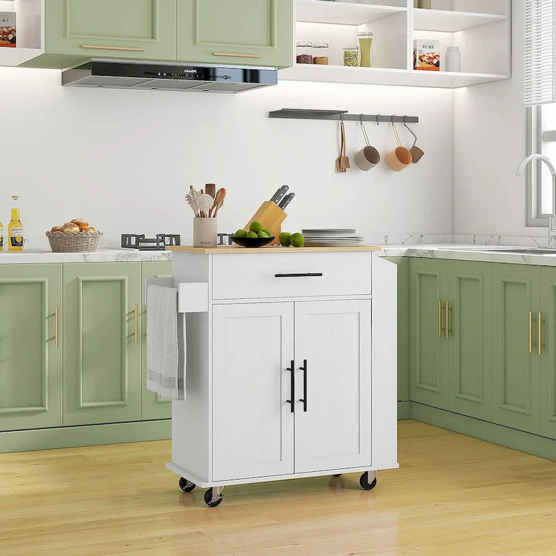 Rolling Kitchen Cart with Storage Drawer Cabinet AC Outlets USB Ports Black