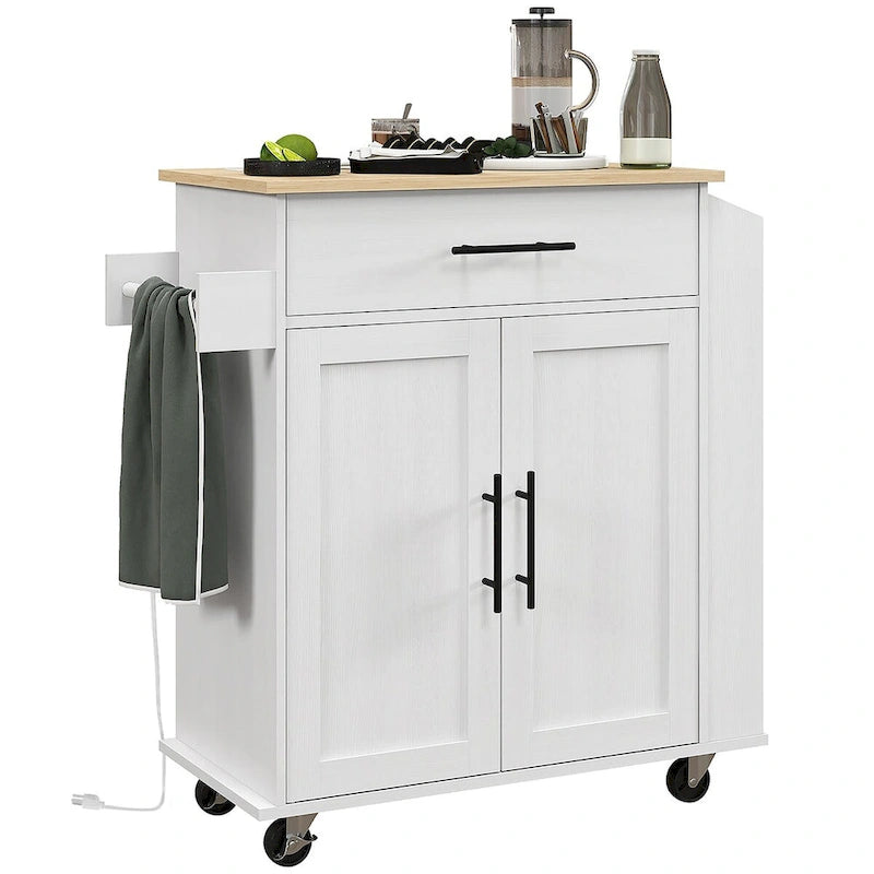 Rolling Kitchen Cart with Storage Drawer Cabinet AC Outlets USB Ports Black