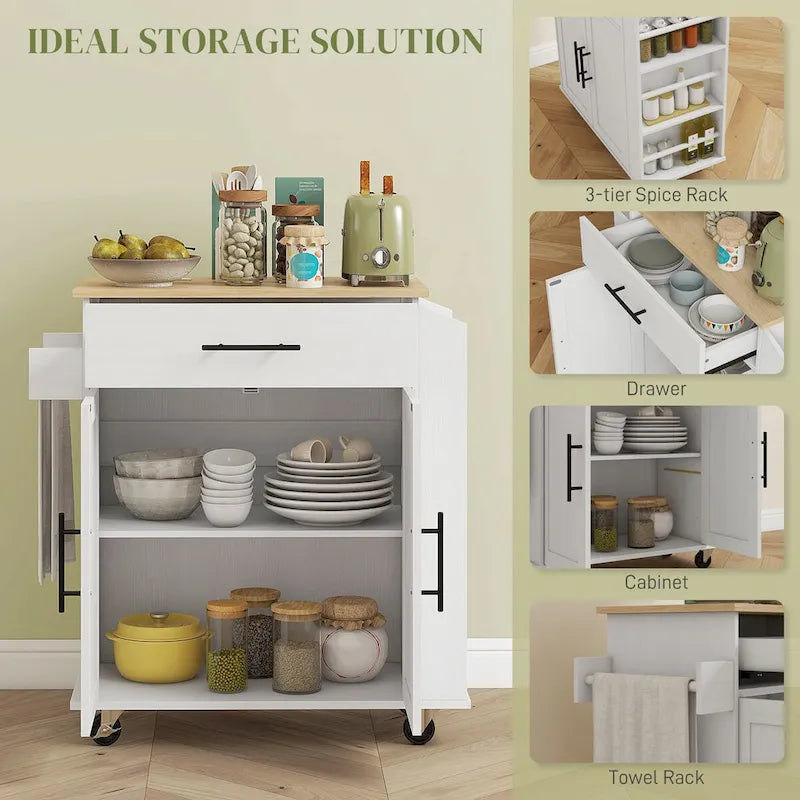 Rolling Kitchen Cart with Storage Drawer Cabinet AC Outlets USB Ports Black