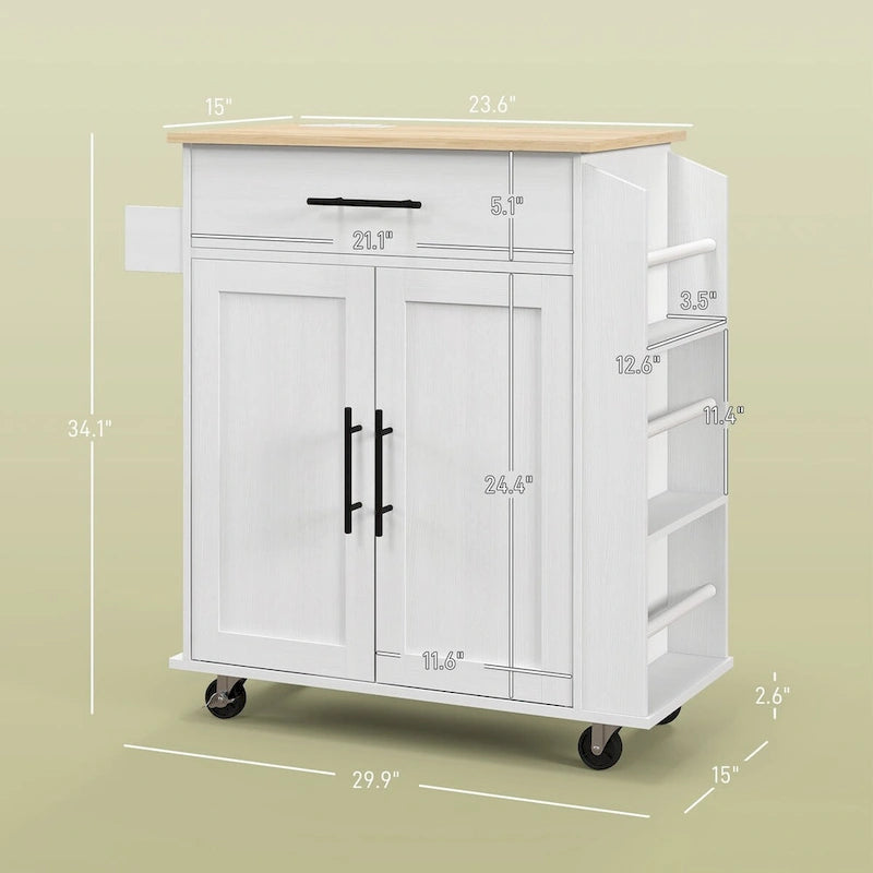 Rolling Kitchen Cart with Storage Drawer Cabinet AC Outlets USB Ports Black